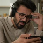 A frustrated man looking at an iPhone with AirPods Max headphones on.