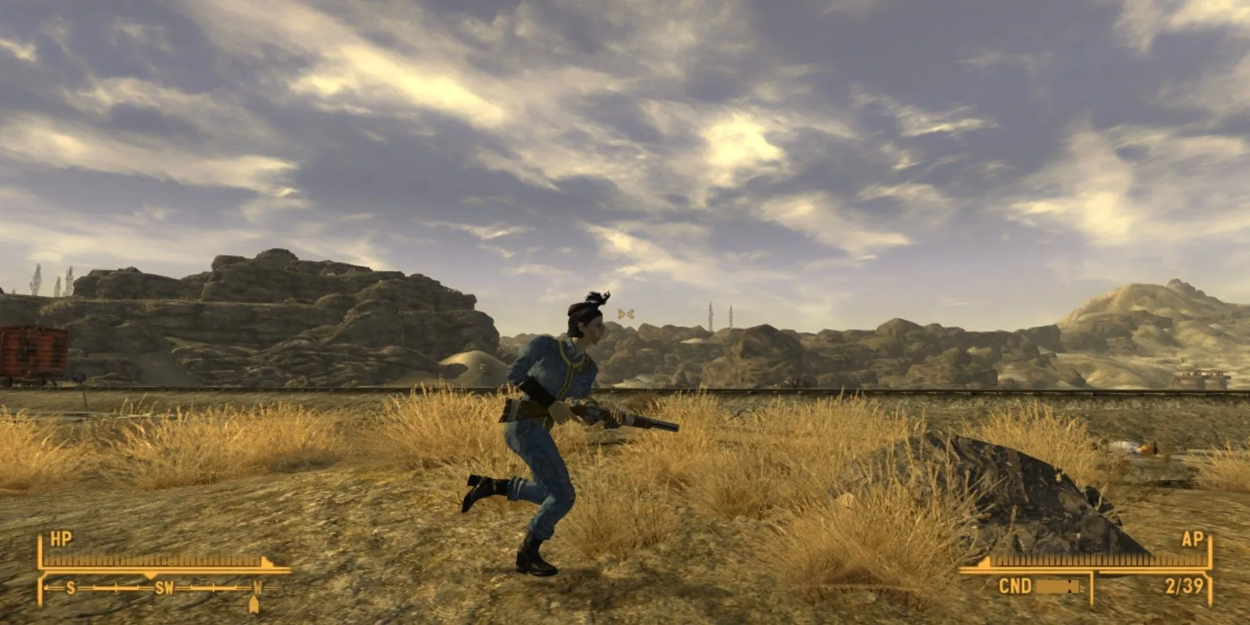 Ảnh chụp màn hình từ game Fallout: New Vegas, hiển thị người chơi đang chạy sau khi cài đặt bản mod Just Vanilla Sprint.
