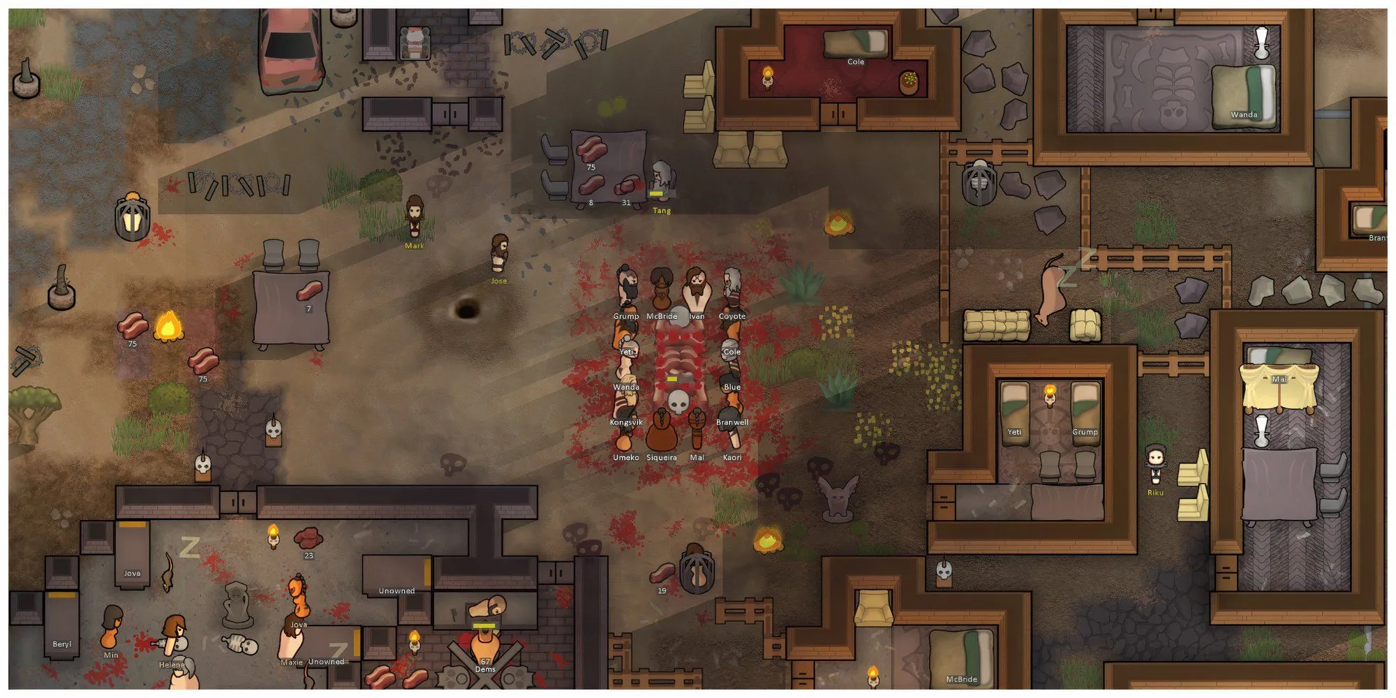 Ảnh chụp màn hình từ game Rimworld, hiển thị nhóm người định cư với các yếu tố từ bản mở rộng Ideology và các công trình cơ sở.