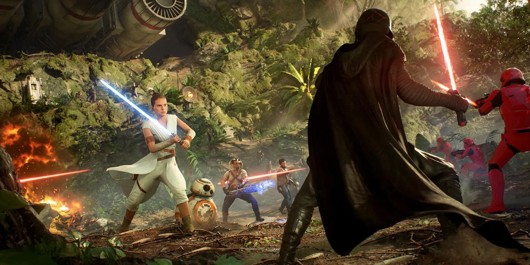 Ảnh chụp màn hình từ game Star Wars: Battlefront II, hiển thị cảnh chiến đấu và các nhân vật trong vũ trụ Star Wars.