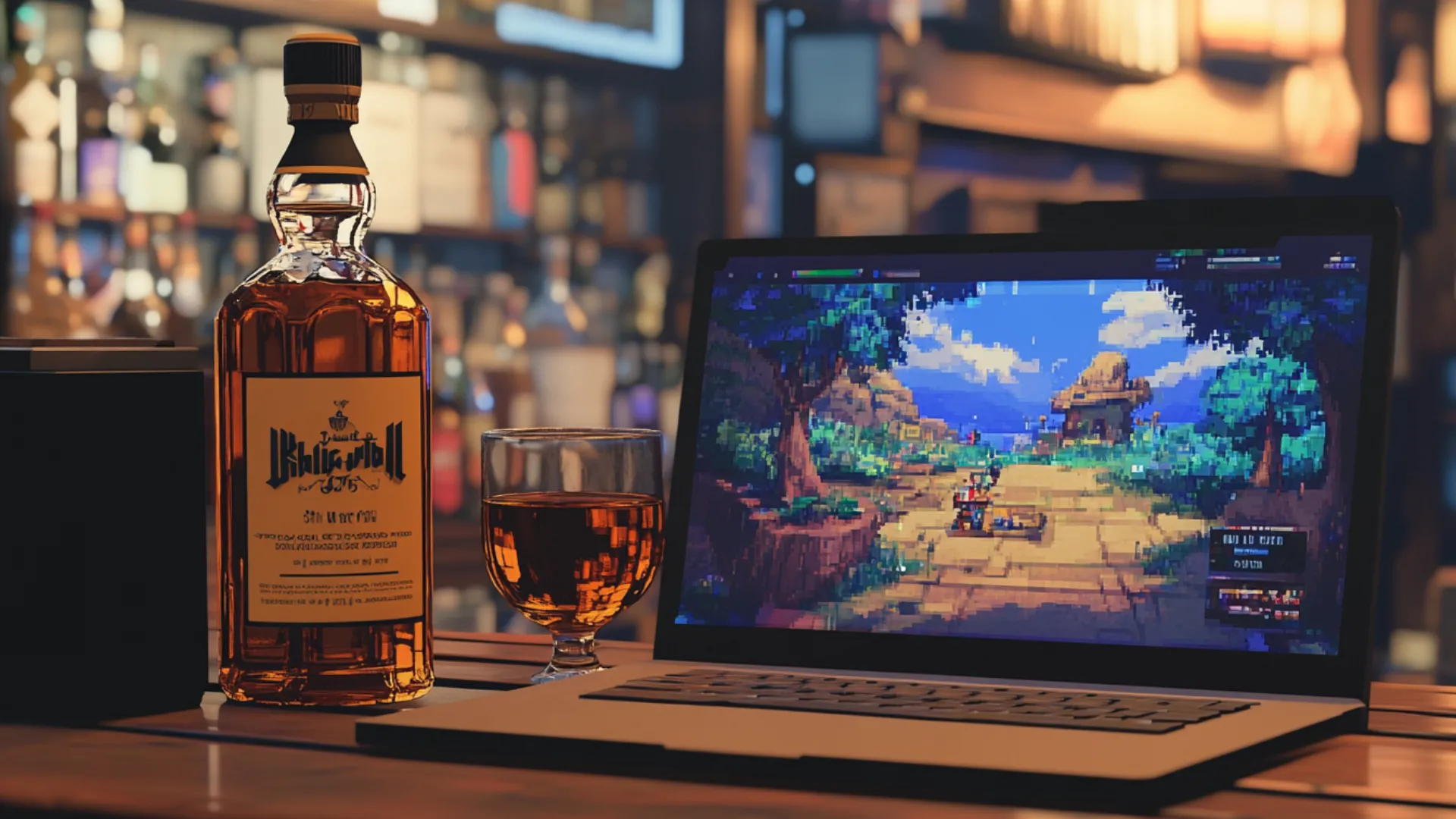 Ảnh pixel art một chiếc MacBook bên cạnh chai Whiskey trên bàn, màn hình MacBook đang chơi game