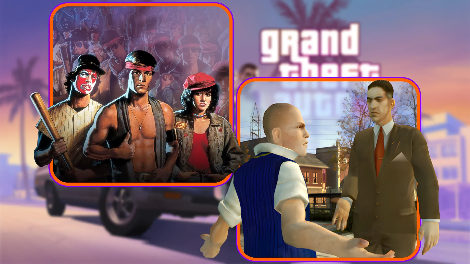 Ảnh quảng bá hai tựa game The Warriors và Bully, với GTA VI mờ ở hậu cảnh