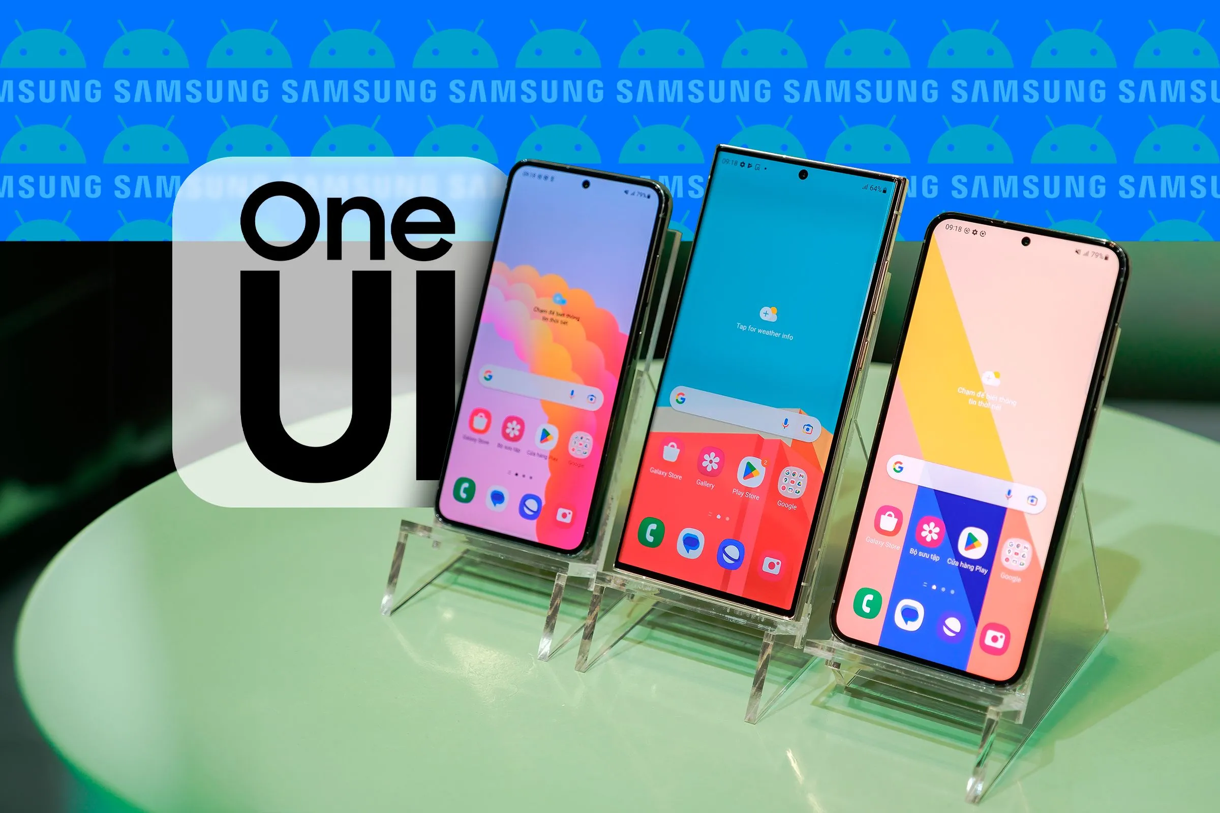 Ba điện thoại Samsung Galaxy hiển thị giao diện One UI, biểu tượng One UI và Android, minh họa các thiết bị tương thích Android 16.