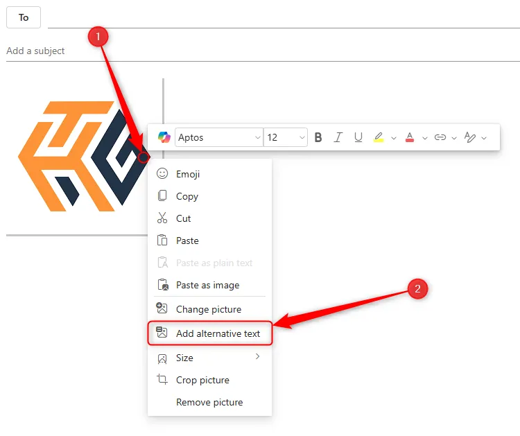 Bản nháp email trong Microsoft Outlook mới với hình ảnh logo HTG đã được nhấp chuột phải, tùy chọn &quot;Add Alternative Text&quot; (Thêm Văn bản Thay thế) được tô sáng trong menu thả xuống.