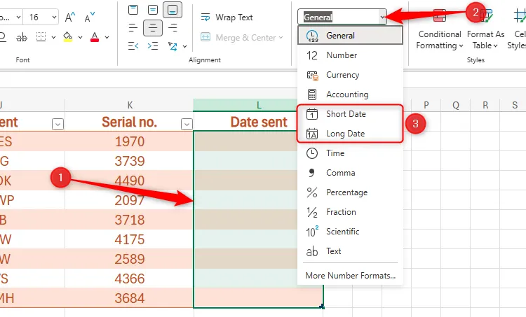 Bảng tính Excel Online với các ô được chọn và định dạng ngày Short Date, Long Date được làm nổi bật