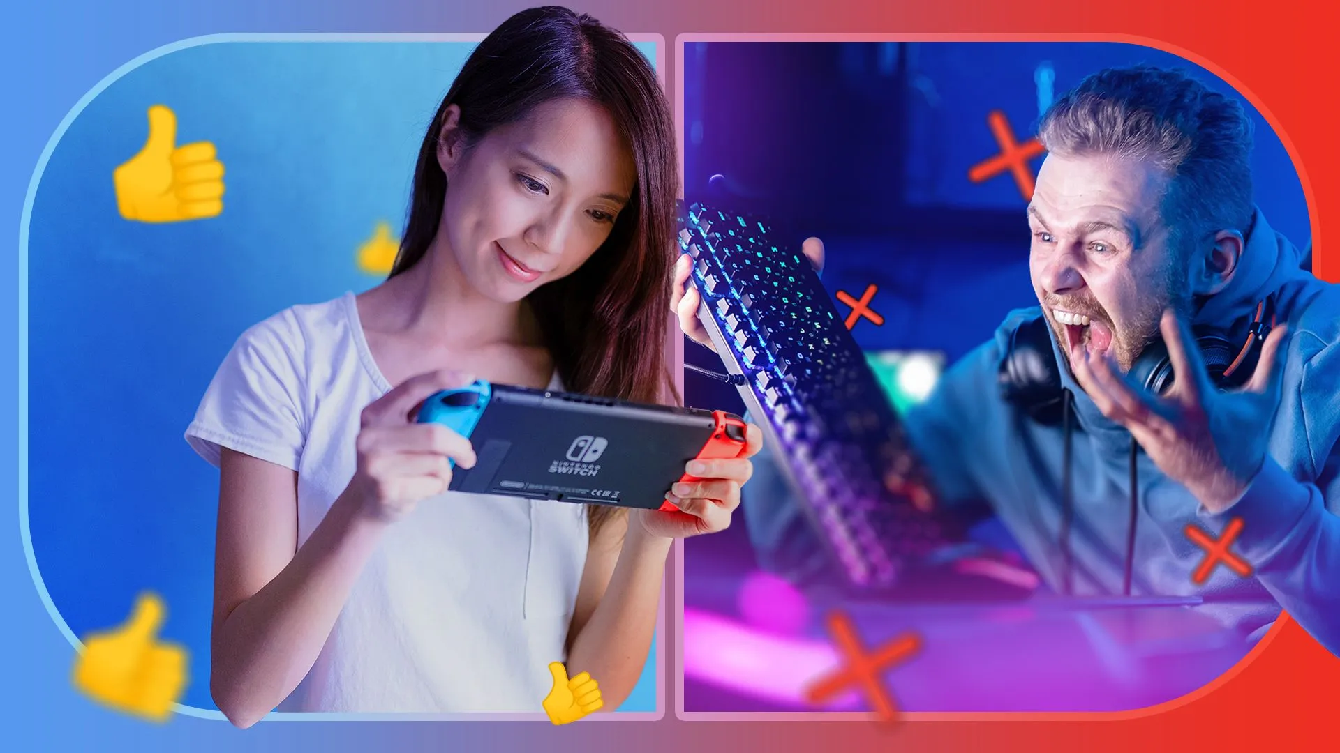 Bên trái là người phụ nữ thư thái chơi game trên Nintendo Switch, bên phải là người đàn ông tức giận ôm bàn phím PC, so sánh môi trường game di động ít căng thẳng hơn PC.
