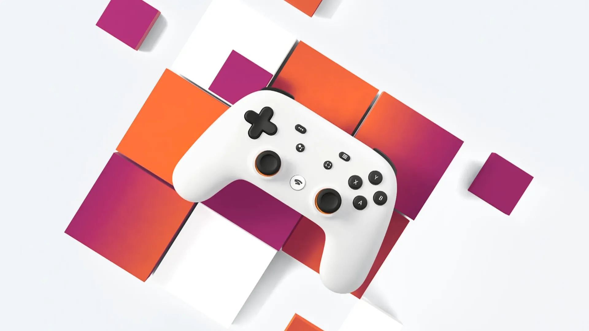 Biểu tượng Google Stadia nằm giữa các khối hộp màu đỏ, tượng trưng cho những vấn đề và sự sụp đổ của dịch vụ game đám mây này.