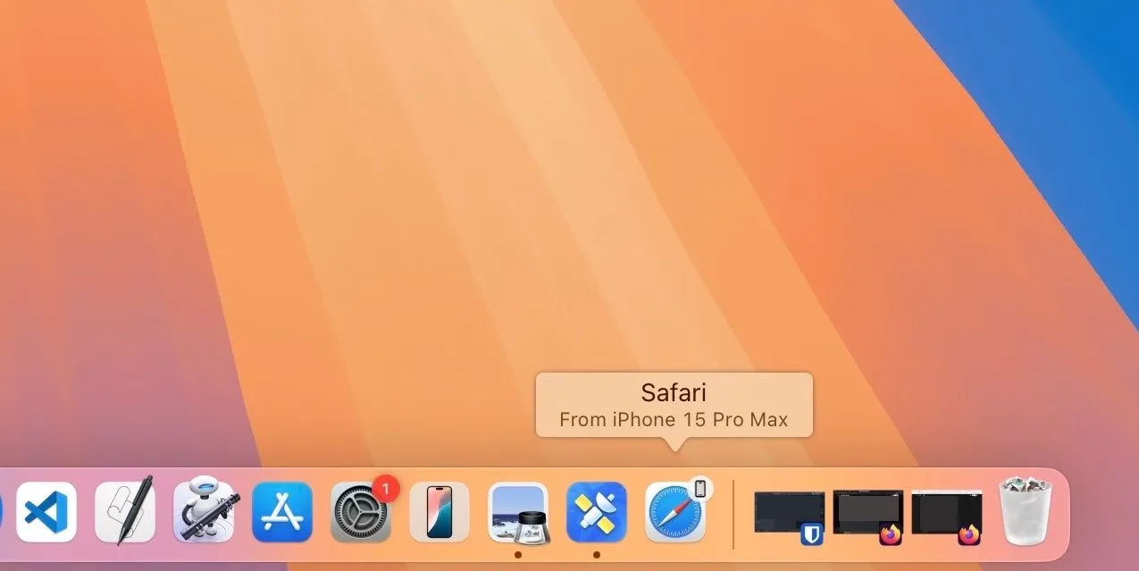Biểu tượng Handoff của Safari trên Dock của Mac cho biết tác vụ đang diễn ra trên thiết bị Apple khác