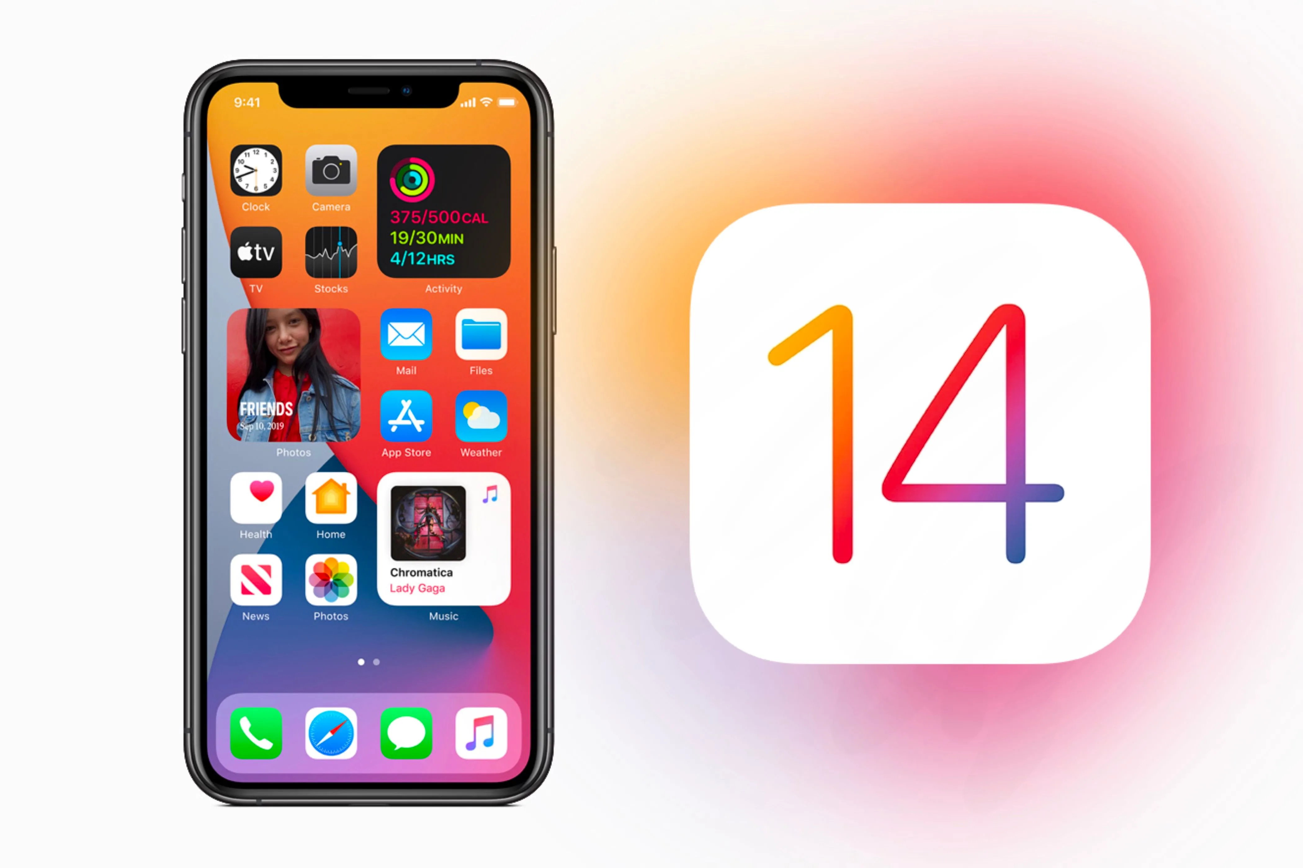 Biểu tượng iOS 14 cạnh một chiếc iPhone đang chạy hệ điều hành này