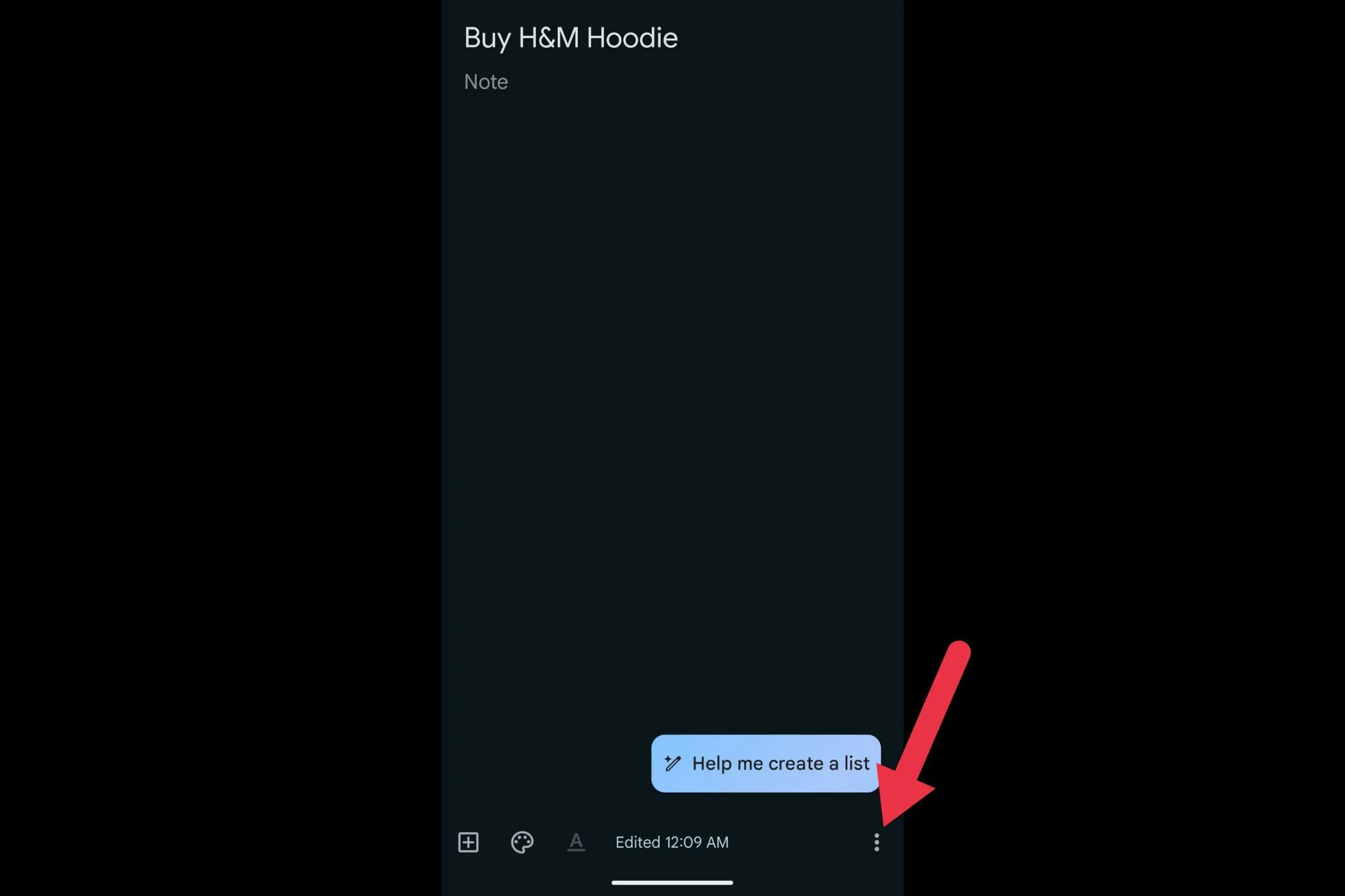 Biểu tượng menu ba chấm ở góc dưới cùng bên phải để thêm nhãn vào ghi chú Google Keep