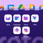 Biểu tượng ứng dụng Proton Mail và các ứng dụng Proton khác trên nền Google mờ, thể hiện sự khác biệt về quyền riêng tư.