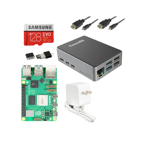 Bộ khởi động CanaKit Raspberry Pi 5 với các linh kiện đi kèm.