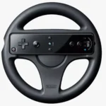 Bộ tay lái Mario Kart Wii màu đen kèm tay cầm Wiimote.
