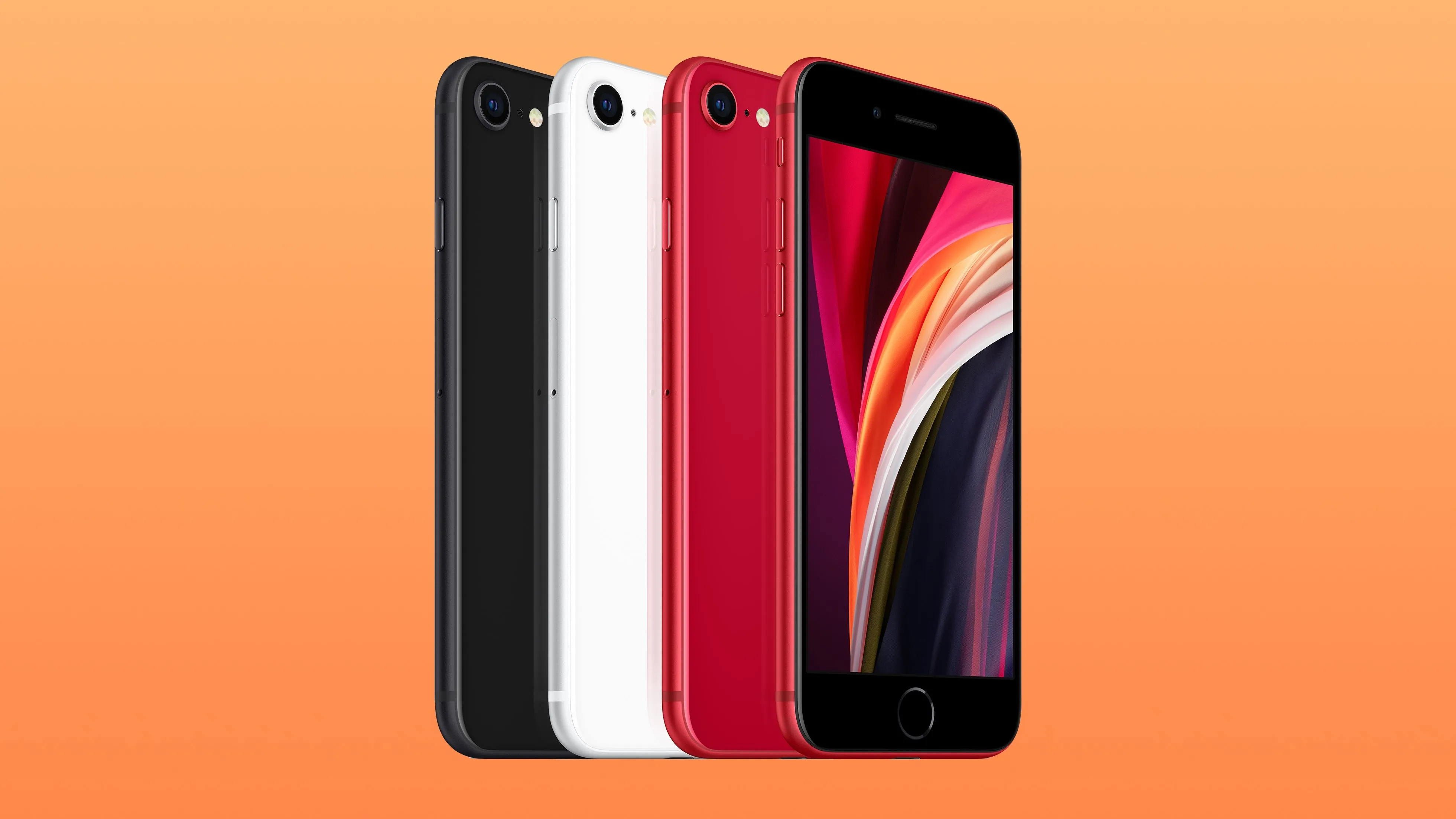 Bốn chiếc iPhone SE thế hệ thứ hai (2020) với các tùy chọn màu sắc khác nhau, nhìn từ cạnh bên, thể hiện thiết kế của dòng iPhone SE.