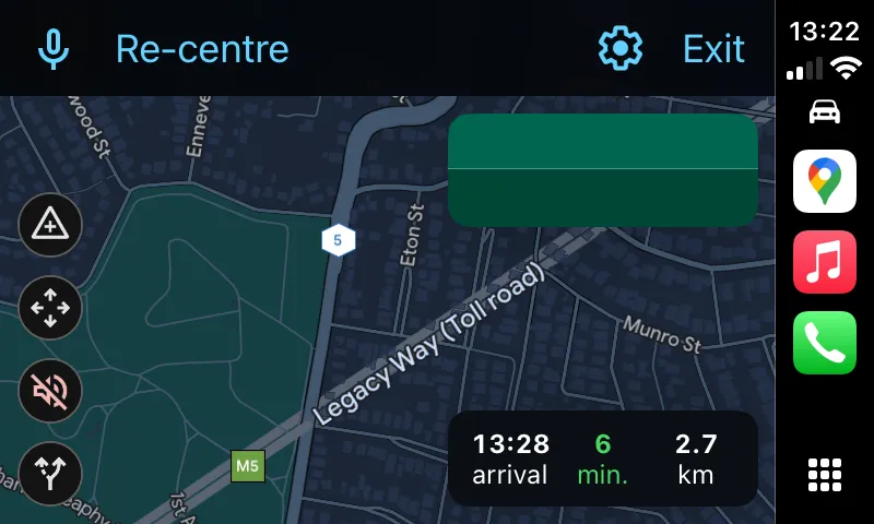 Bốn nút điều khiển chính trong chế độ lái xe trên Google Maps CarPlay