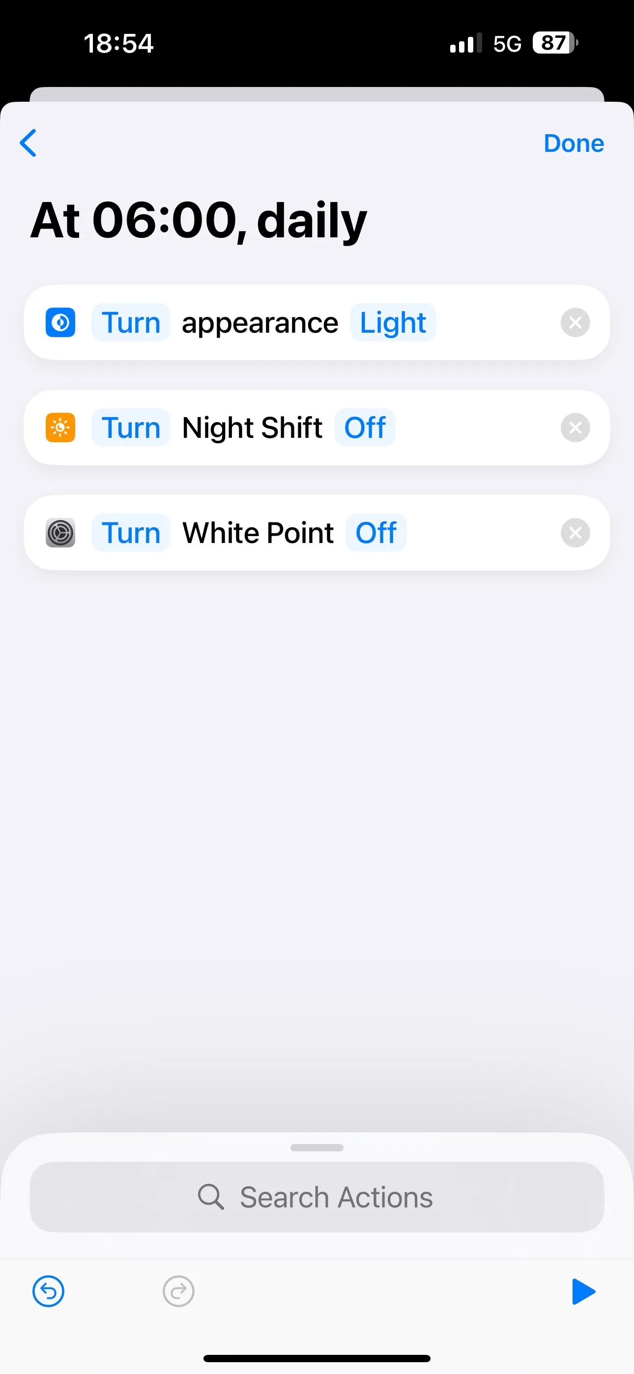 Các hành động Đặt Giao diện, Đặt Night Shift và Đặt Điểm trắng được thêm vào tự động hóa Phím tắt iPhone để tắt cài đặt ban đêm