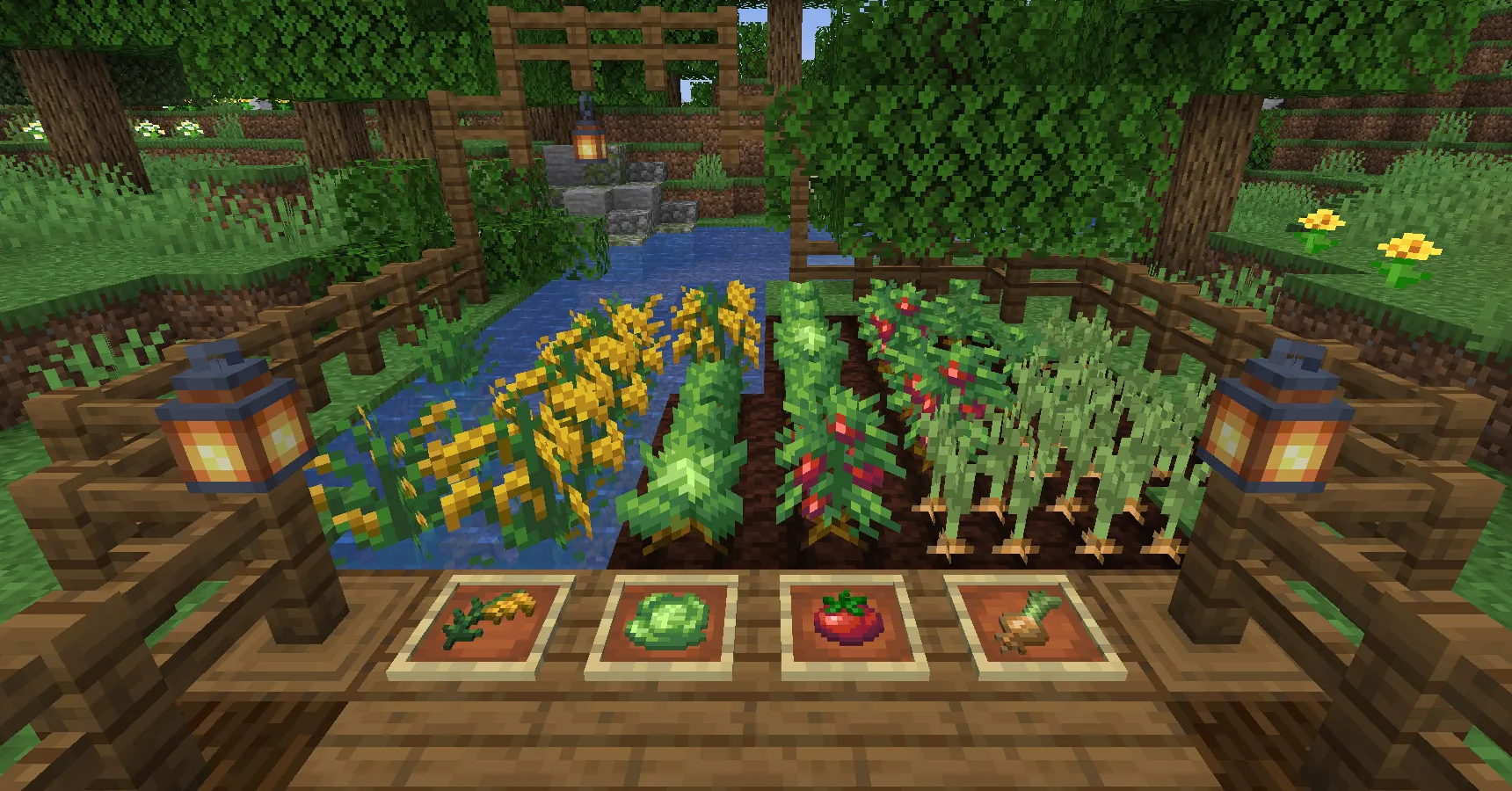 Các loại cây trồng cơ bản trong mod Farmer's Delight của Minecraft, mở rộng khả năng nấu ăn và chế biến thực phẩm.