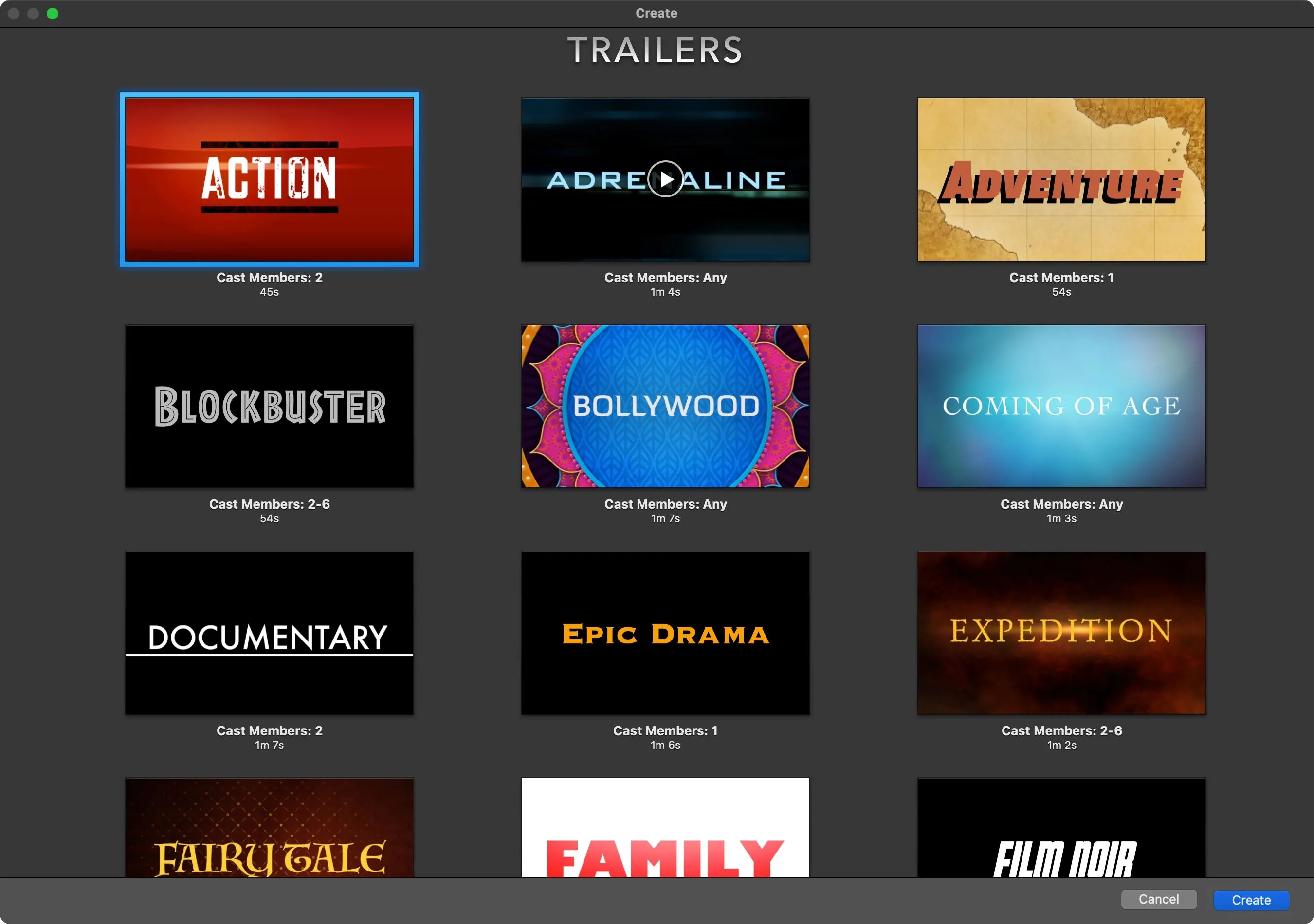 Các mẫu template trailer có sẵn trong iMovie trên Mac để người dùng lựa chọn.
