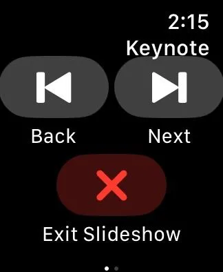 Các nút điều khiển trình chiếu (tiến/lùi slide) trong ứng dụng Keynote trên Apple Watch.