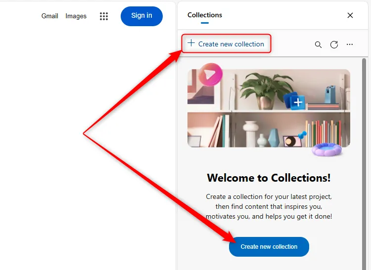 Các nút Tạo bộ sưu tập mới trong Microsoft Edge.