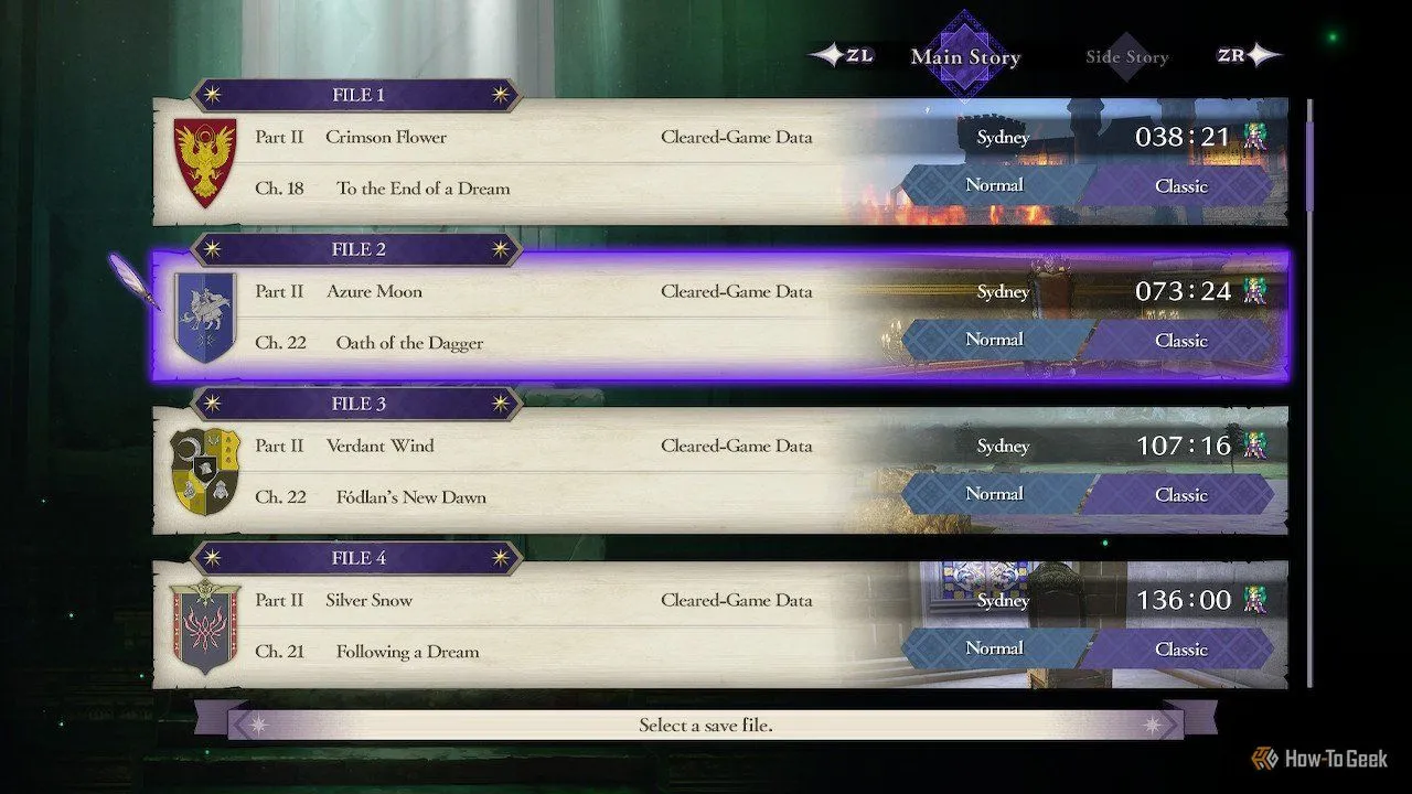 Các tệp lưu game của Fire Emblem: Three Houses cho thấy việc hoàn thành cả bốn con đường cốt truyện khác nhau, minh chứng cho sự đa dạng lựa chọn.