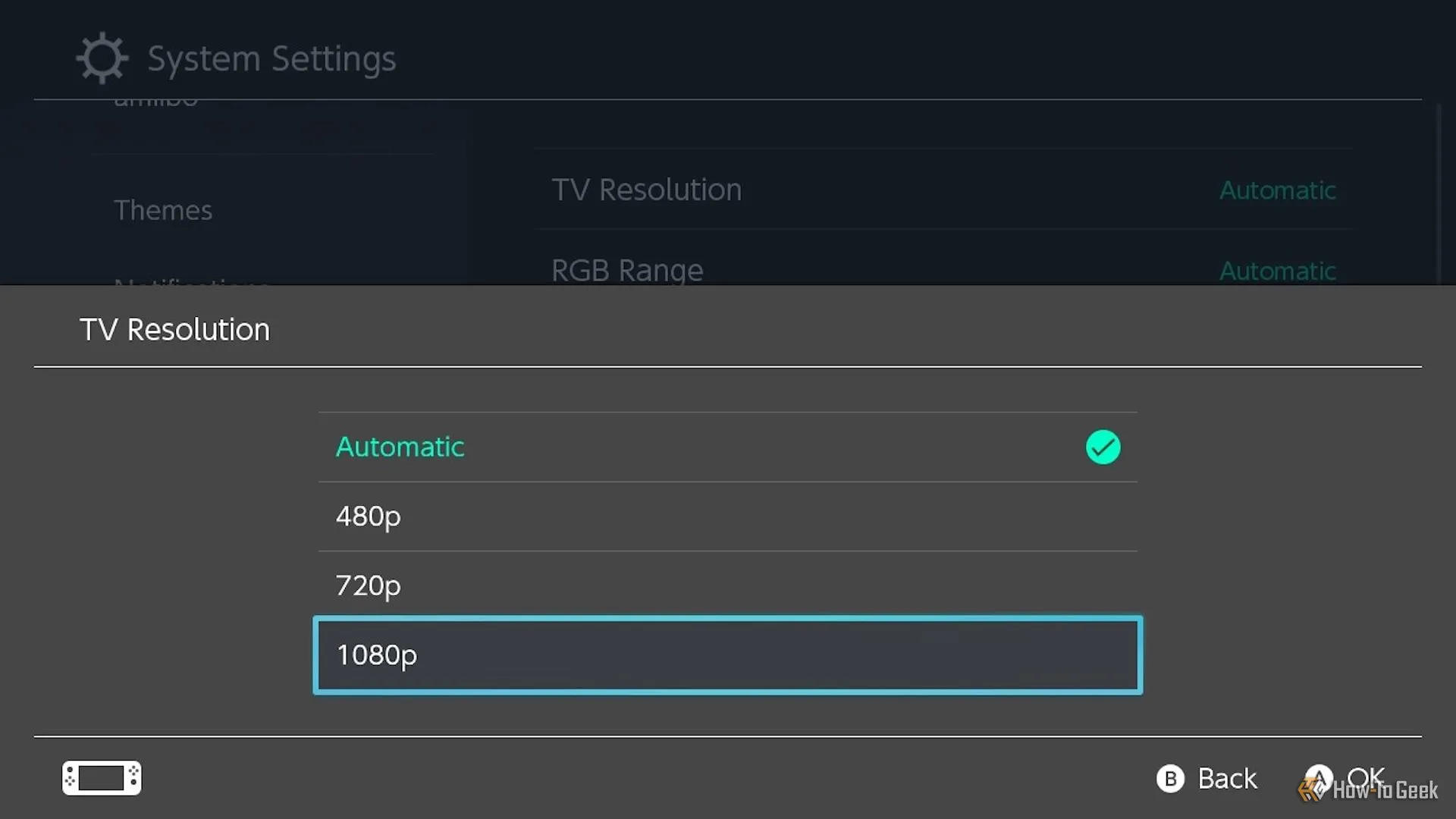 Các tùy chọn độ phân giải cho cài đặt TV của Switch, cho phép người dùng lựa chọn tùy theo khả năng của TV