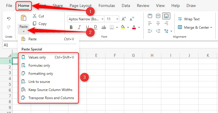Các tùy chọn Paste Special trong Excel Online