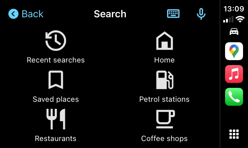 Các tùy chọn tìm kiếm và nhập điểm đến trên Google Maps CarPlay