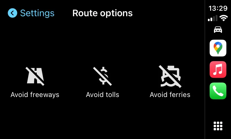 Các tùy chọn ưu tiên tuyến đường trong cài đặt Google Maps CarPlay