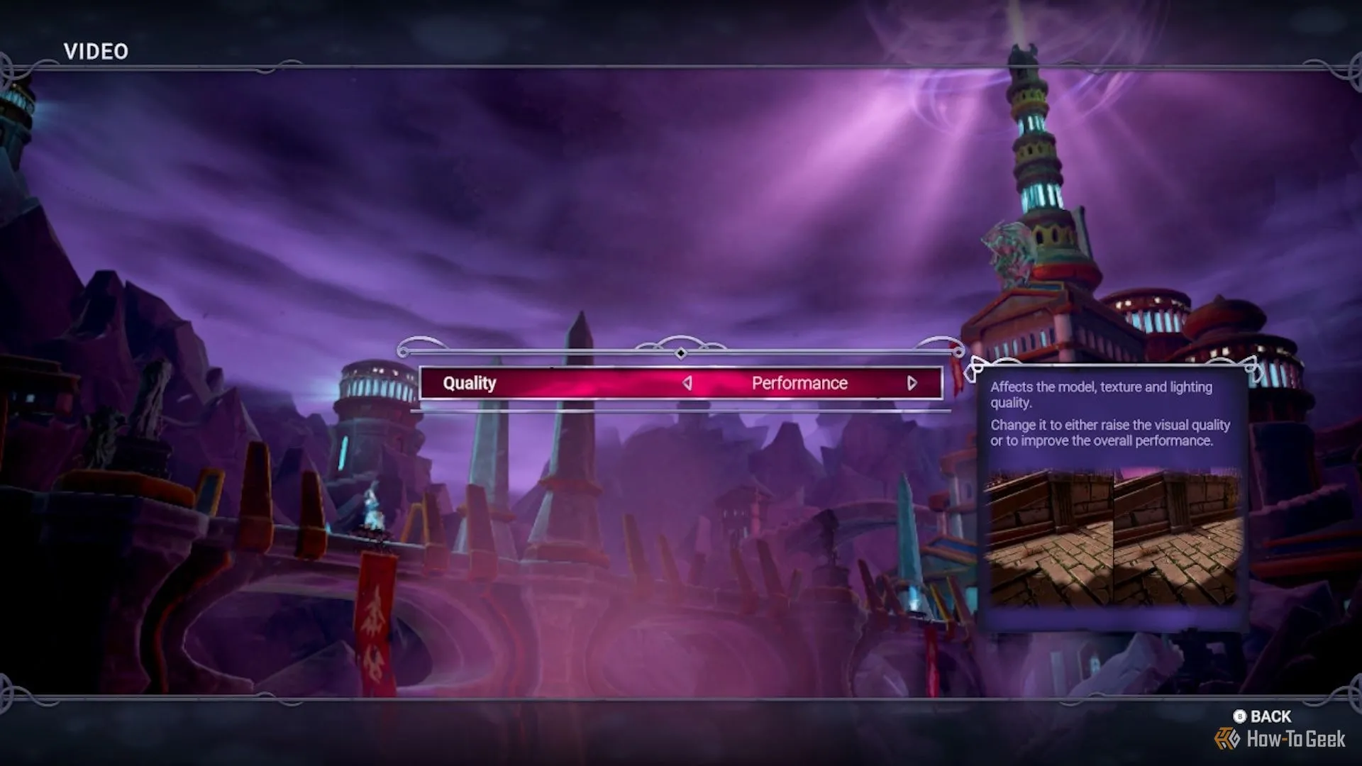 Cài đặt chất lượng đồ họa trong game Ziggurat II trên Nintendo Switch, cho phép lựa chọn giữa hiệu suất và chất lượng