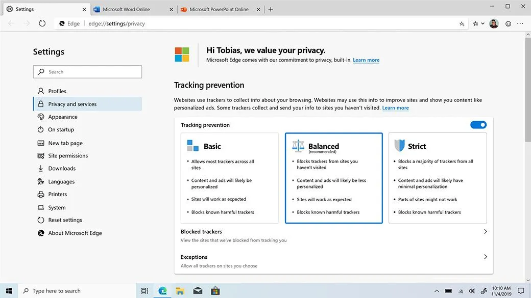 Cài đặt quyền riêng tư trên trình duyệt Microsoft Edge Chromium phiên bản đầu tiên với các tùy chọn ngăn chặn theo dõi cơ bản, cân bằng và nghiêm ngặt.