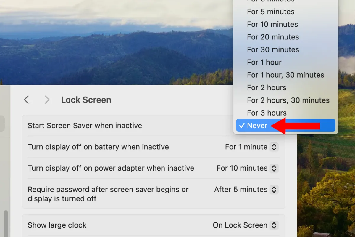 Cài đặt Screen Saver và thời gian tắt màn hình trong Lock Screen settings của macOS
