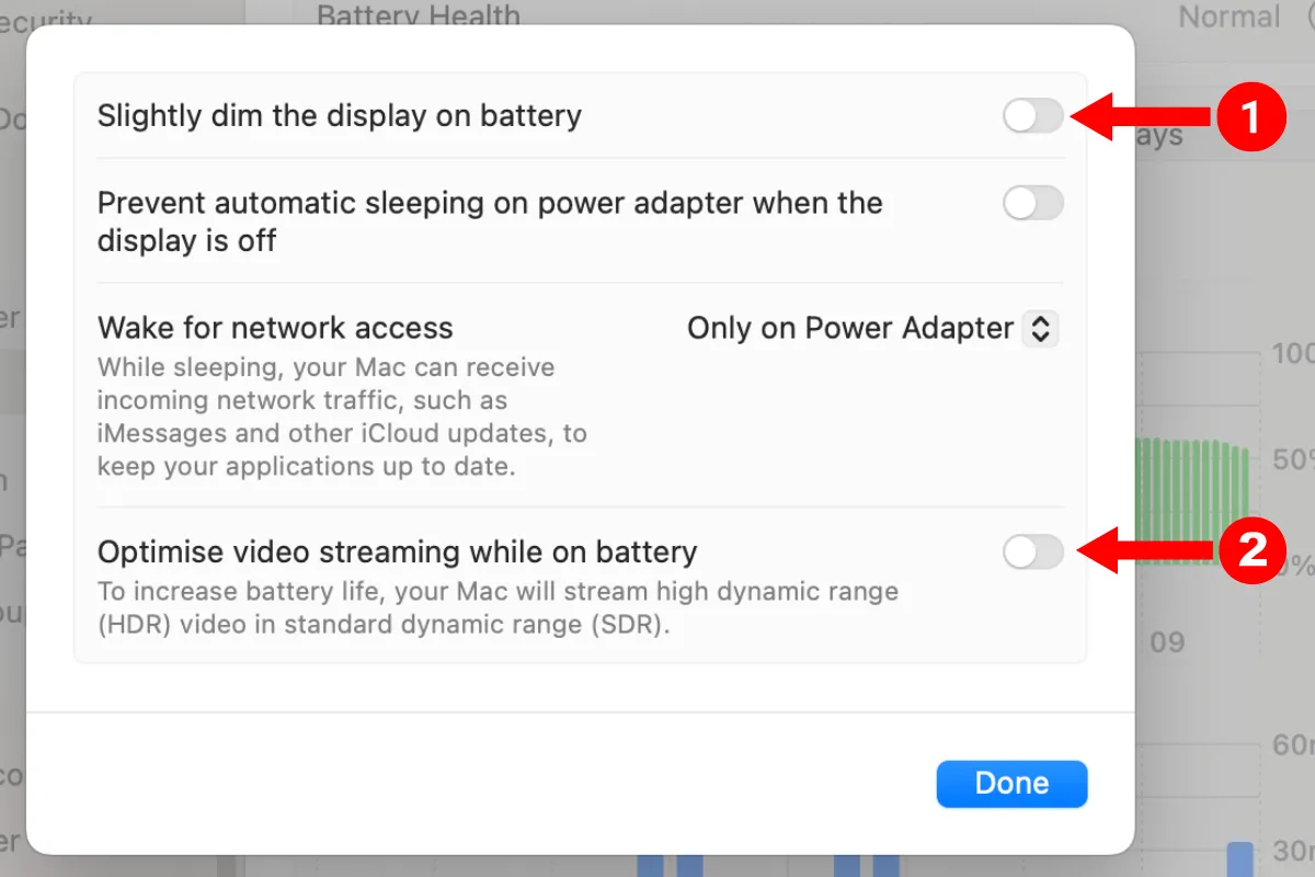 Cài đặt tối ưu pin MacBook: Làm mờ màn hình và tối ưu stream video khi dùng pin