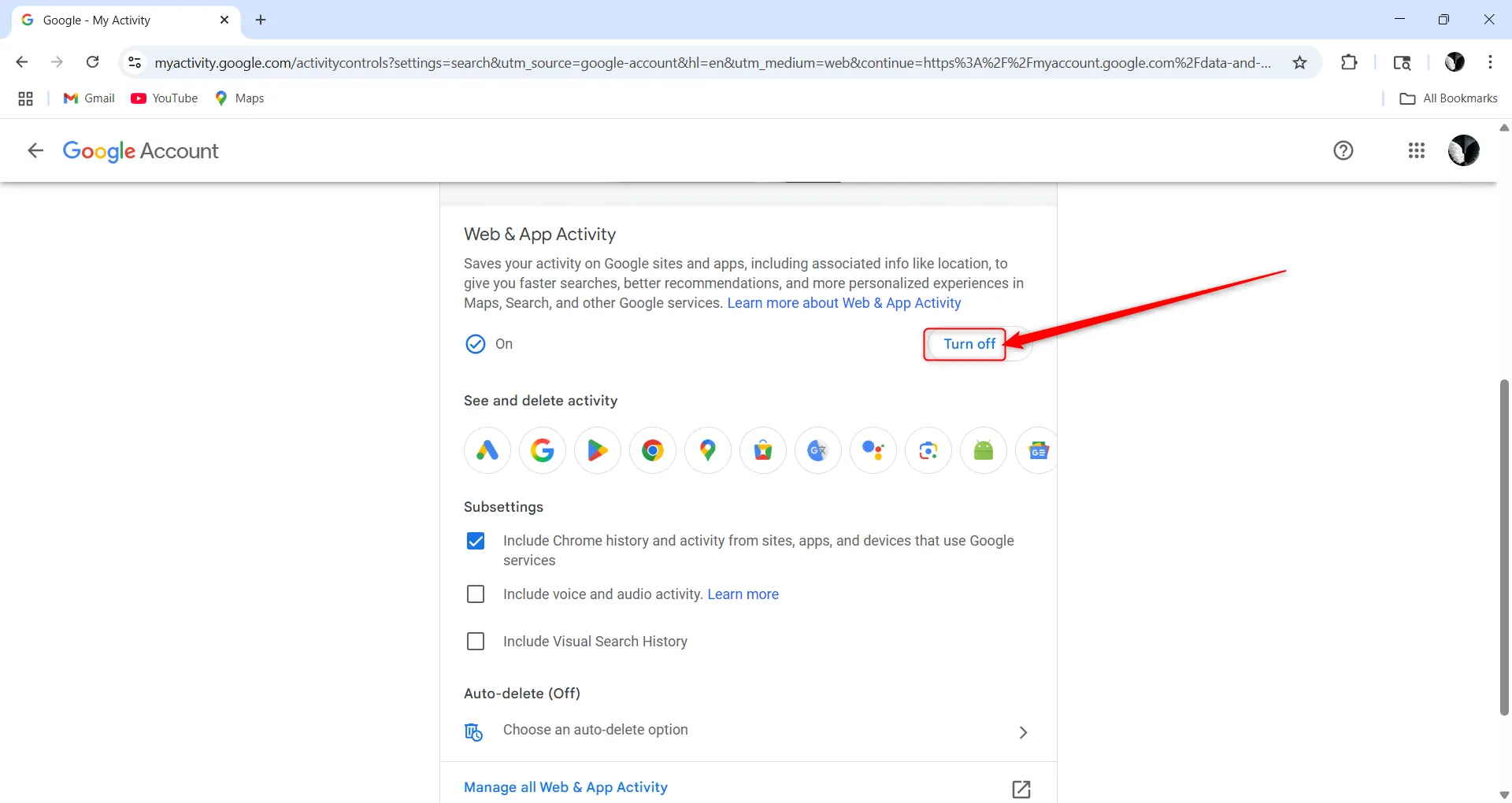 Cài đặt tùy chọn tắt tính năng theo dõi hoạt động web và ứng dụng của Google trong tài khoản.