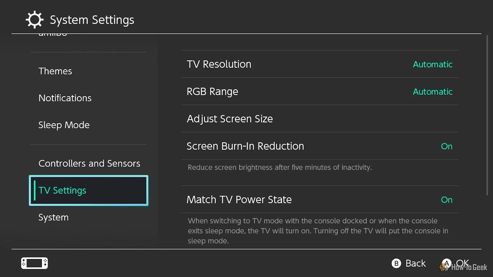 Cài đặt TV trong menu hệ thống Switch