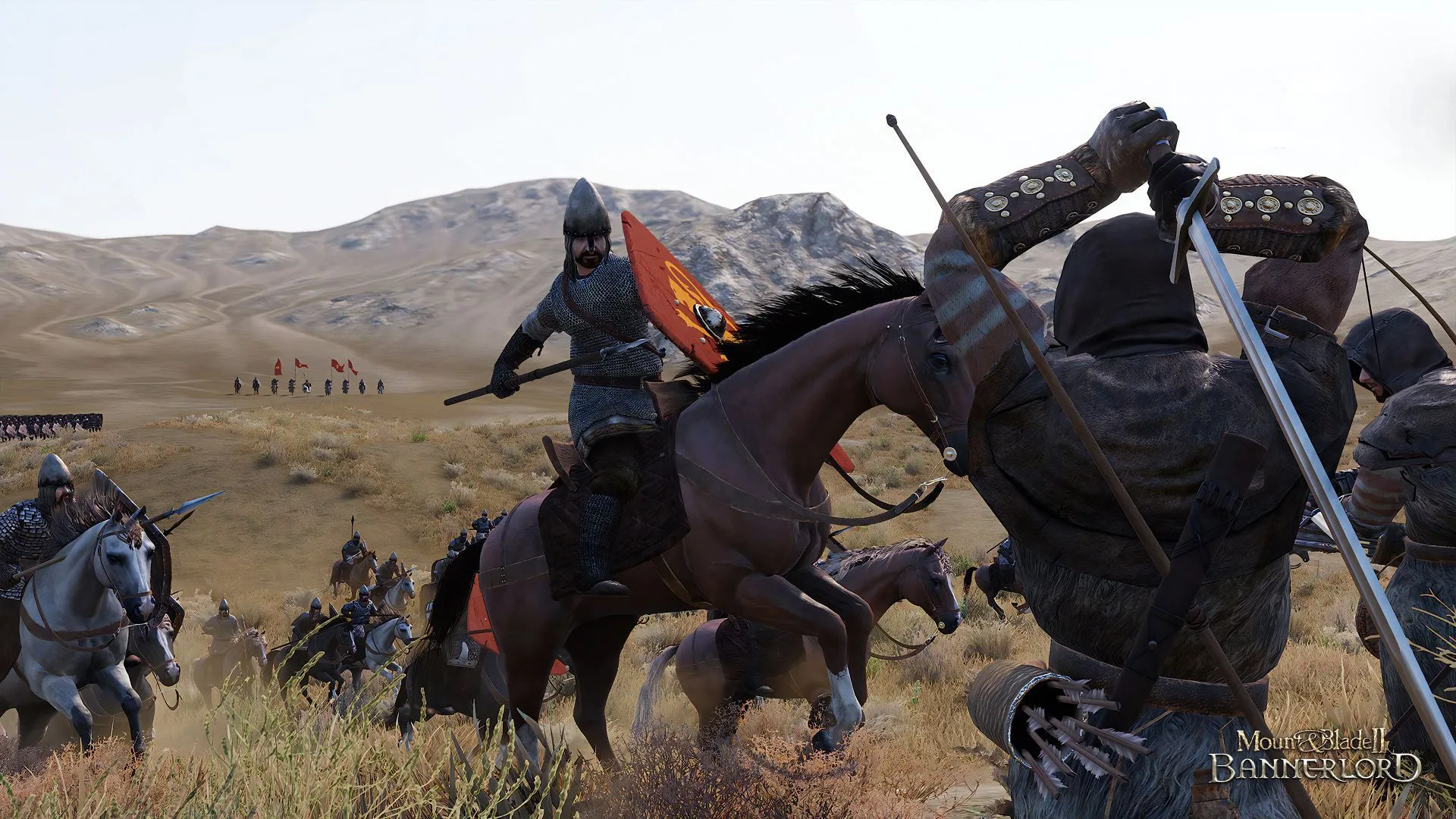 Cảnh chiến đấu trên lưng ngựa chống lại bộ binh trong game Mount and Blade II: Bannerlord, thể hiện quy mô và tính hành động của trận chiến.