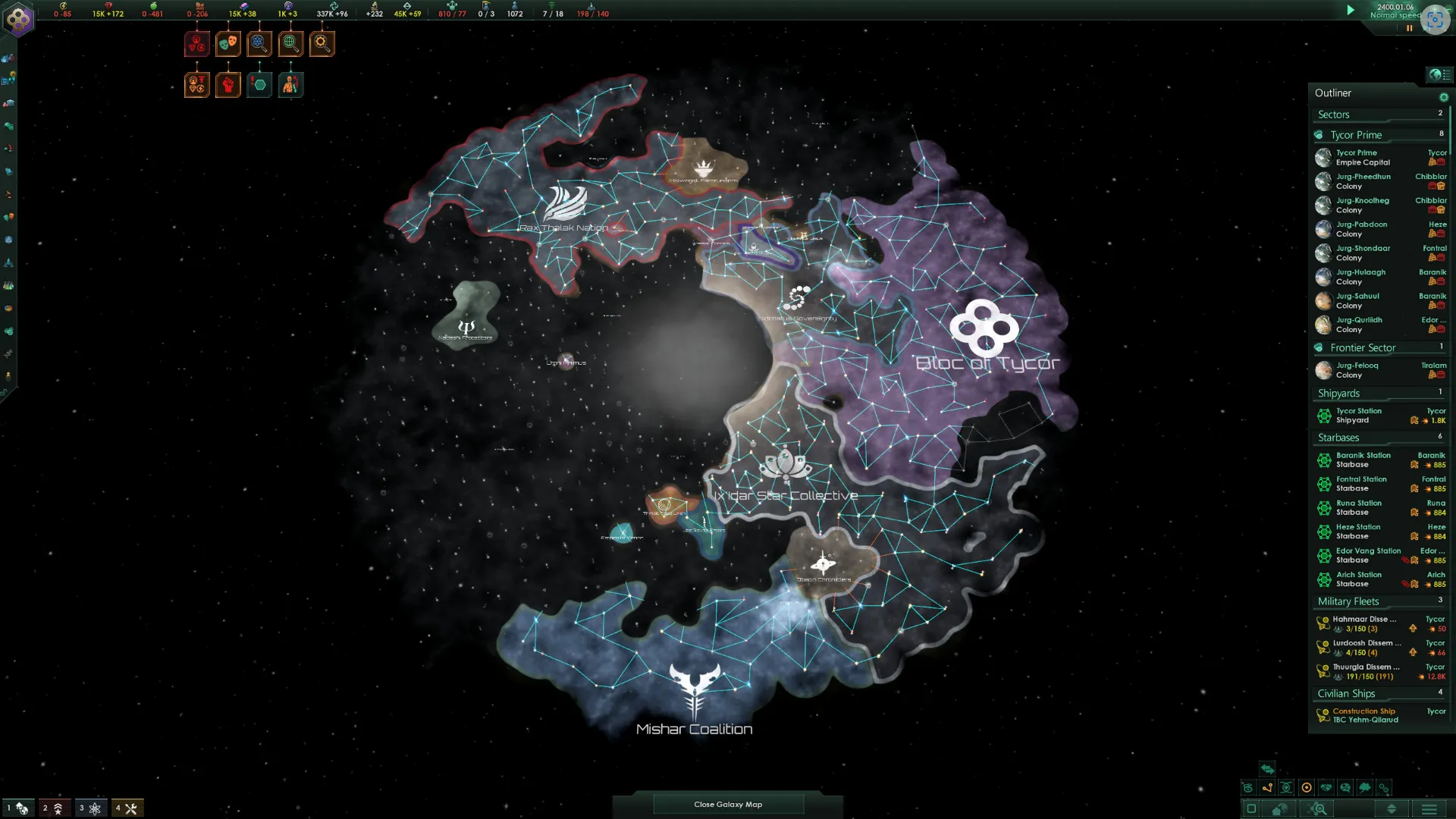 Cảnh chơi game từ Stellaris: Console Edition, hiển thị bản đồ thiên hà và giao diện điều khiển.