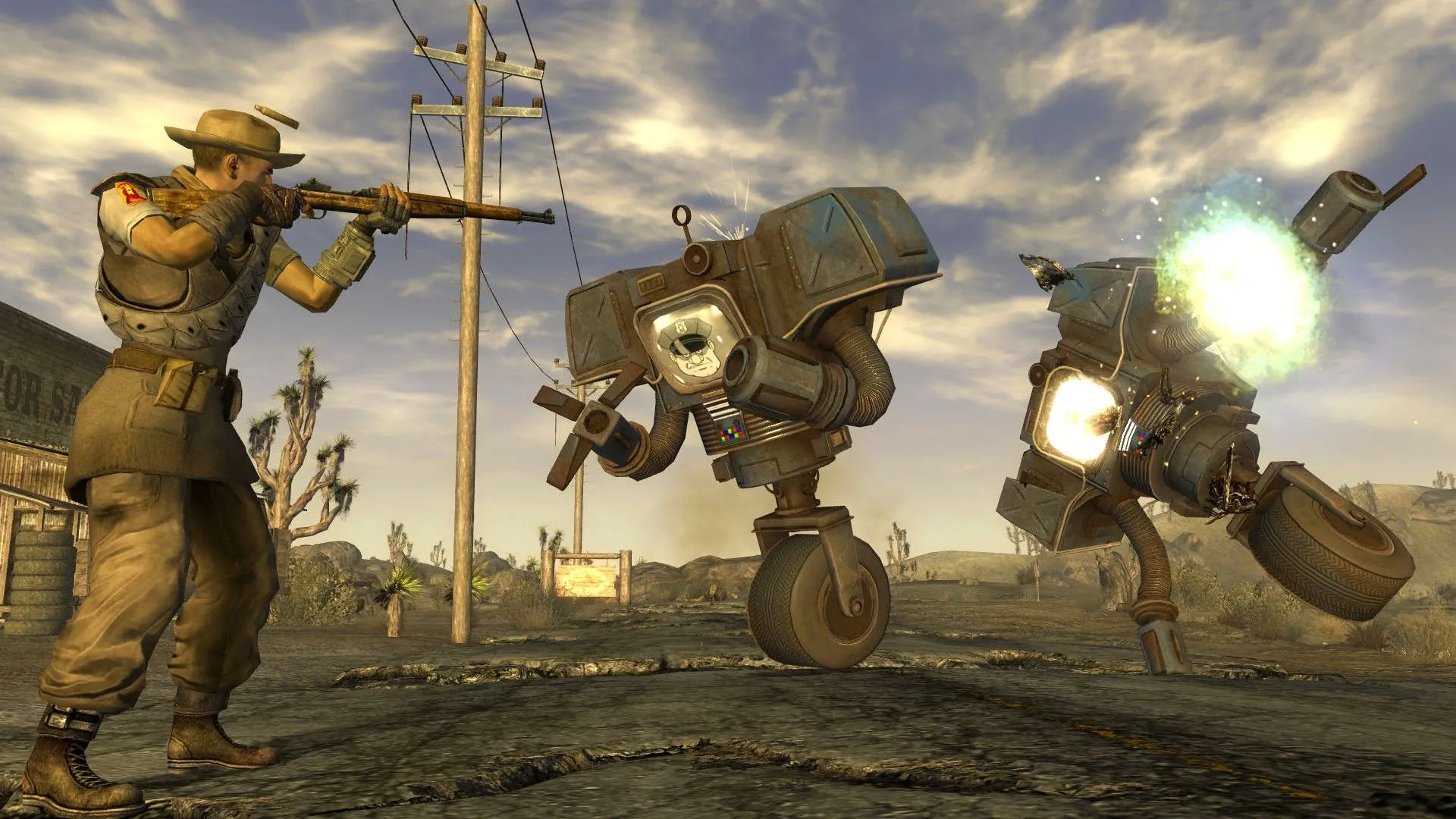 Cảnh người chơi đối đầu với Securitrons trong Fallout: New Vegas, bối cảnh cho DJ Mr. New Vegas với giọng nói trầm ấm đặc trưng của vùng sa mạc hậu tận thế.