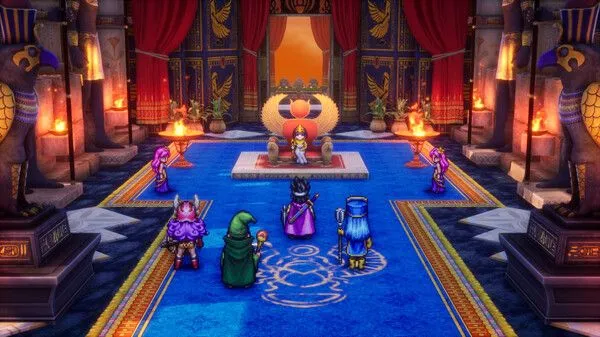Cảnh người hùng và đội của anh trong một cung điện kiểu Ai Cập từ Dragon Quest III HD-2D Remake, minh họa đồ họa 2D.