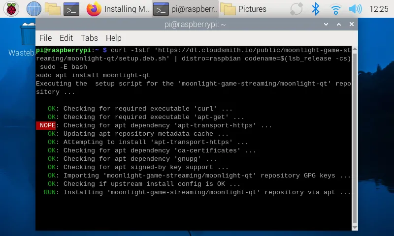 Chạy script cài đặt Moonlight trên Raspberry Pi OS để thiết lập client stream game.