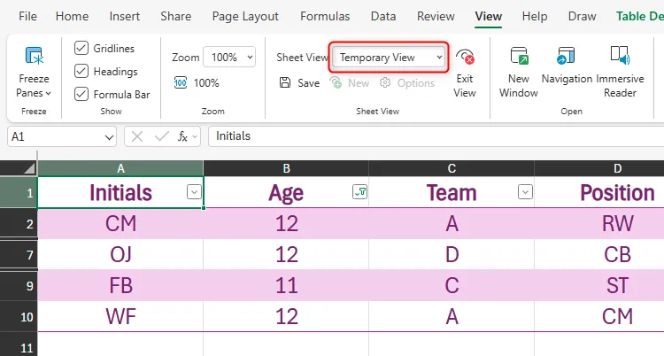 Chế độ xem trang tính mới trong Excel Online có tên là Temporary View