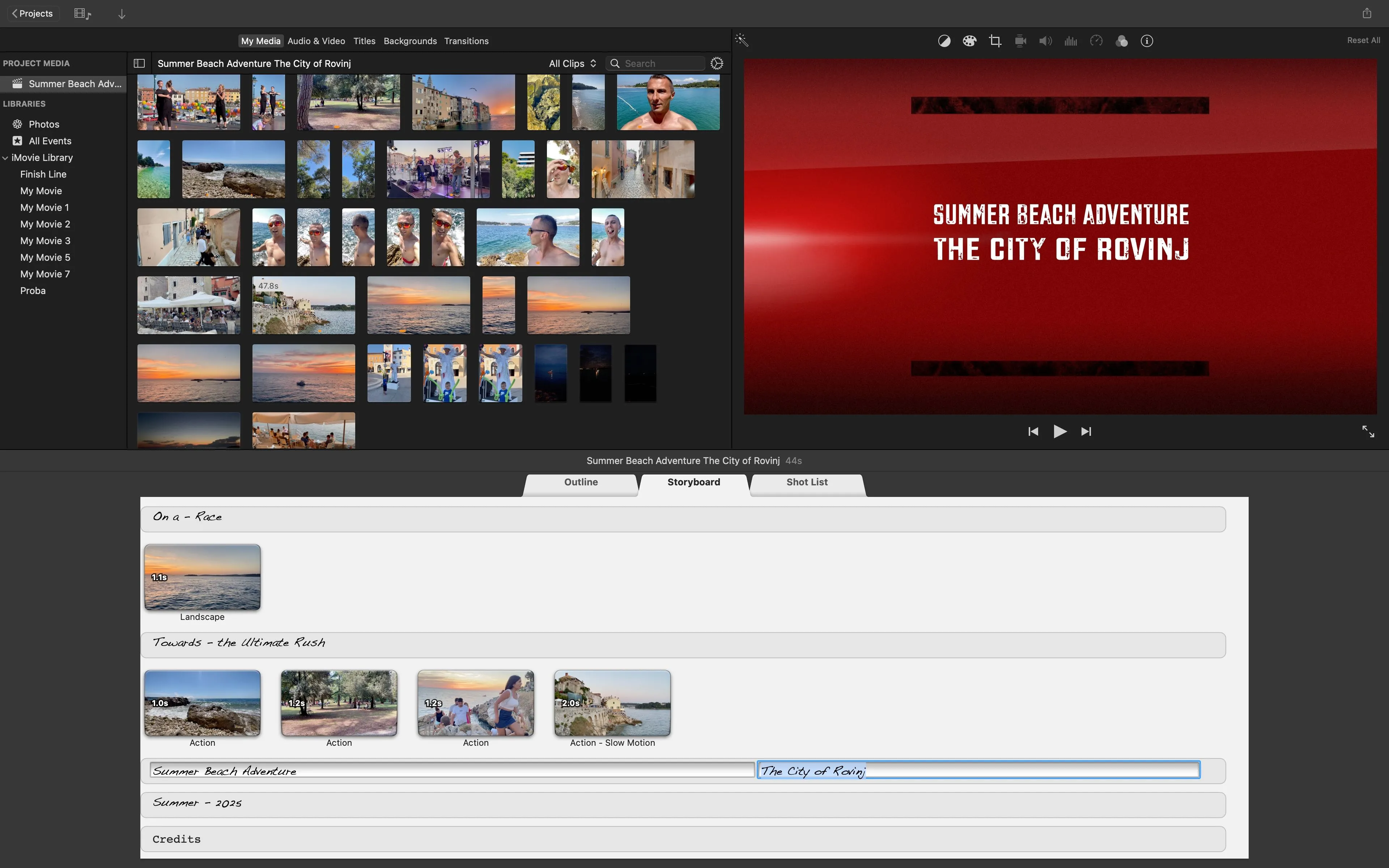 Chỉnh sửa tiêu đề phim tùy chỉnh trong phần Shot List của iMovie trên Mac.