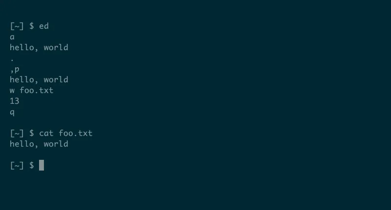 Chương trình ed trong terminal Linux minh họa các lệnh tạo và lưu tệp văn bản.