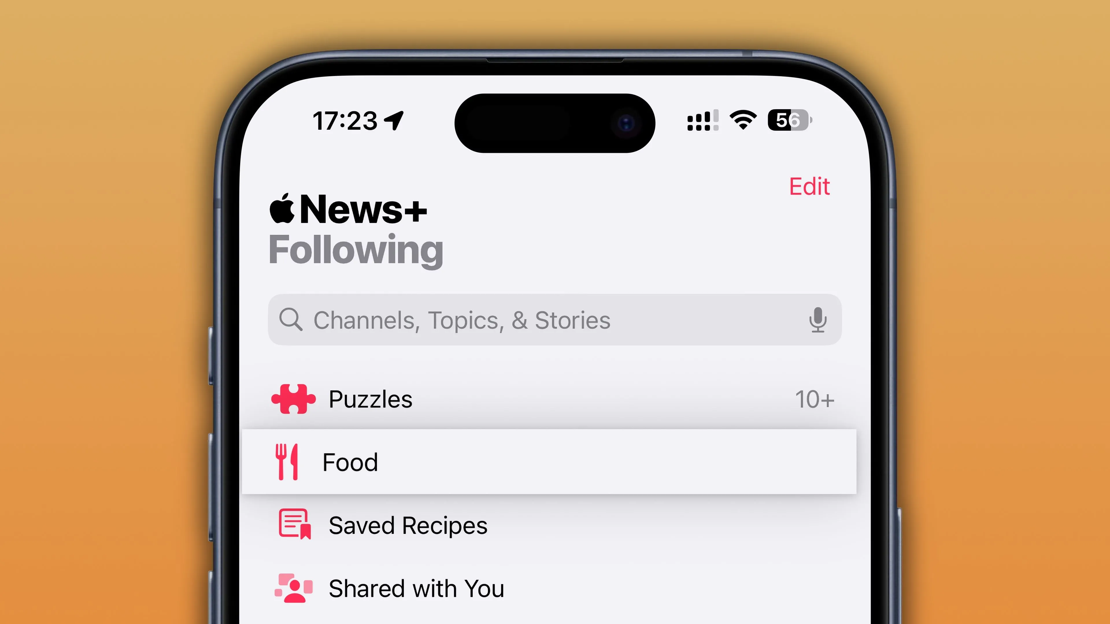Chuyên mục Food được chọn trong tab &quot;Following&quot; của ứng dụng Apple News trên iOS 18.4, hiển thị danh sách công thức