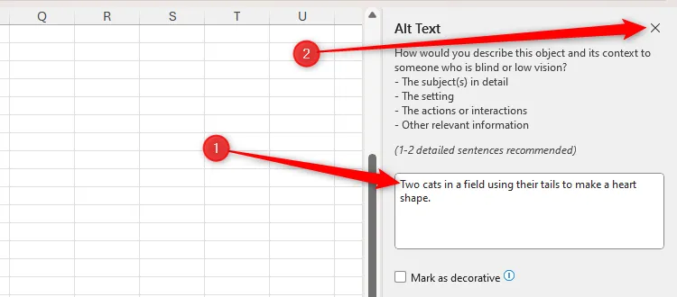 Cửa sổ &quot;Alt Text&quot; trong Microsoft Excel hiển thị văn bản thay thế đã được chỉnh sửa: &quot;Hai con mèo trên cánh đồng dùng đuôi tạo hình trái tim&quot;. Biểu tượng dấu X ở góc trên bên phải được chọn để lưu.
