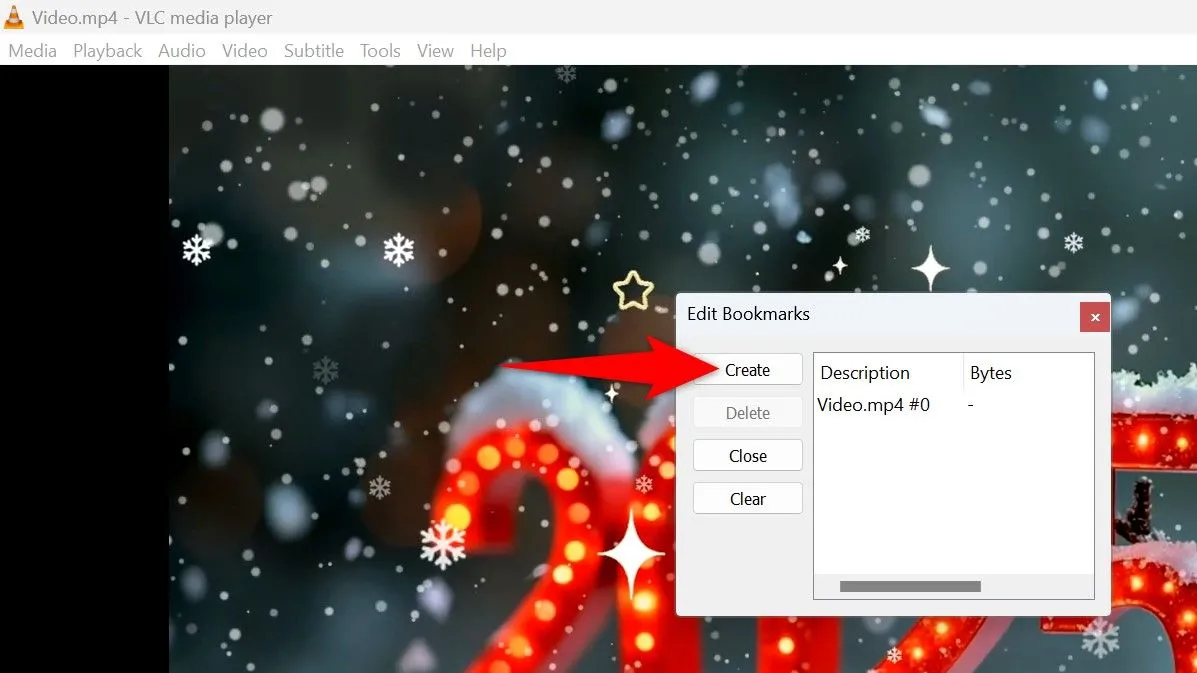 Cửa sổ &quot;Edit Bookmarks&quot; trong VLC cho phép tạo và quản lý các dấu trang tùy chỉnh trong video.