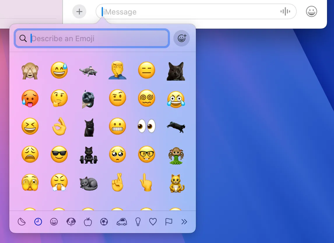 Cửa sổ trình chọn biểu tượng cảm xúc (emoji picker) của macOS hiển thị các tùy chọn emoji.