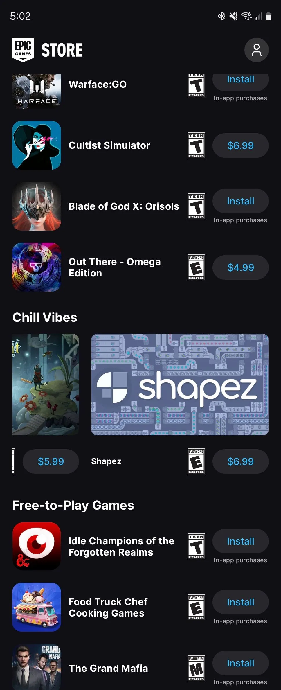 Danh sách các game tuyển chọn trên Epic Games Store dành cho Android.
