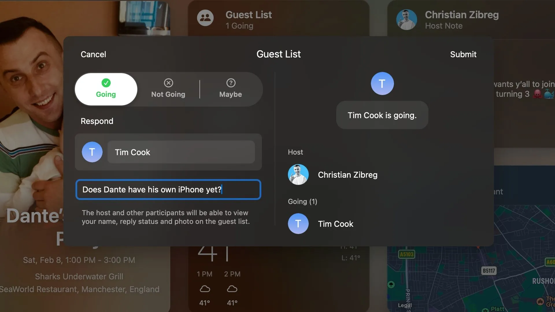 Danh sách khách mời sự kiện hiển thị trên ứng dụng web Apple Invites, cho phép người tổ chức quản lý và khách mời tùy chỉnh thông tin cá nhân.