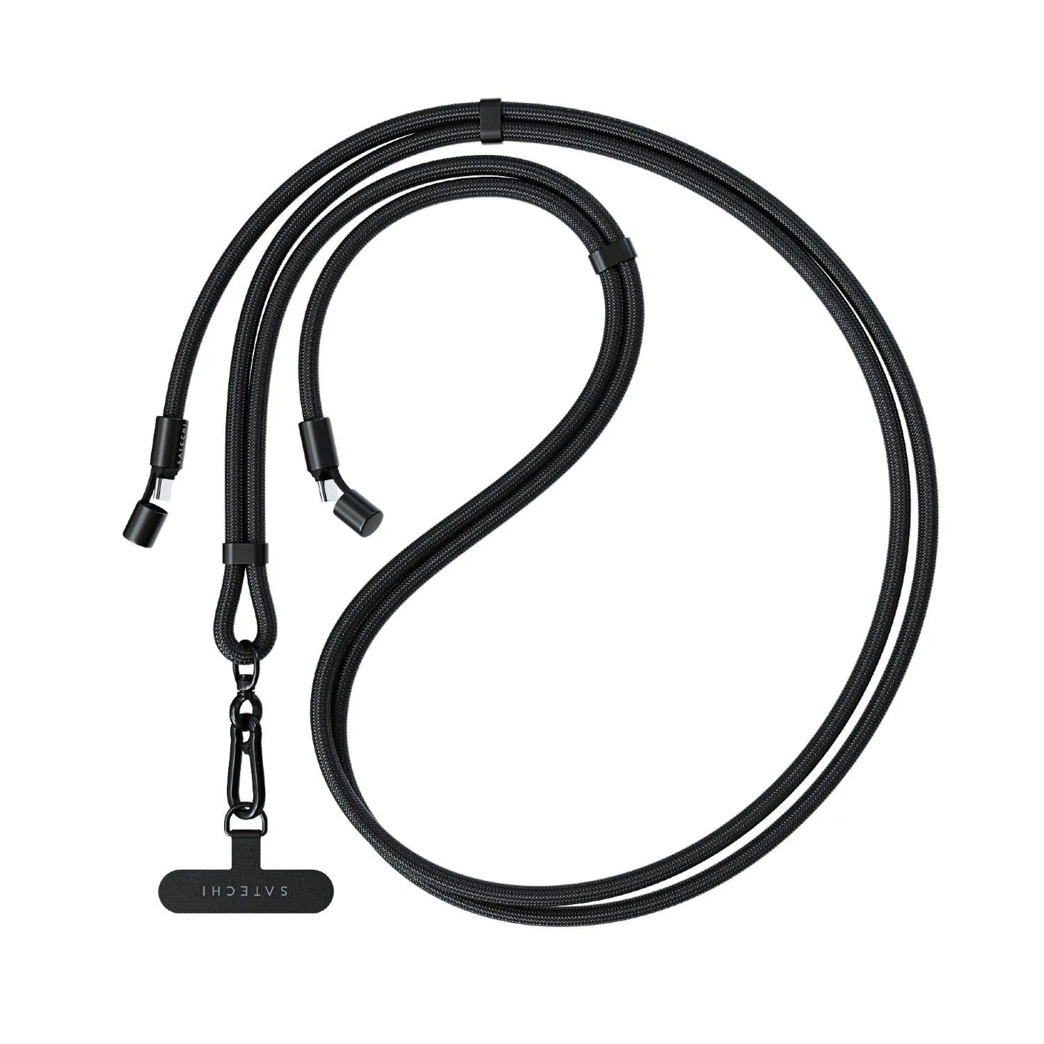 Dây đeo cổ kiêm cáp sạc USB-C Satechi OntheGo Lanyard Cable màu đen, thiết kế bện mềm mại và cổng USB-C tiện lợi, đặt trên nền trắng.